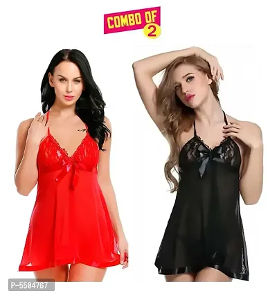 Women Fancy Lace Baby Doll Dresses Nightwear Red and Black Color
