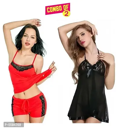 Women Fancy Baby Doll Dresses Nightwear Red and Black Color