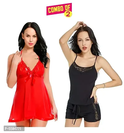 Women Fancy Baby Doll Dresses Nightwear Red and Black Color