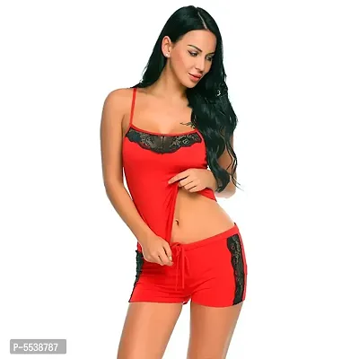Women Solid Self Design Red and Black Night Suit Set