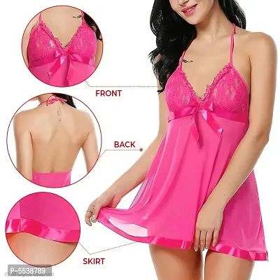 Women Solid Lace Baby Doll Dresses Pink Color With Panty.-thumb0