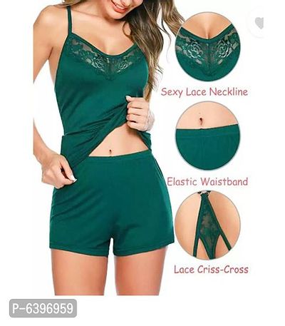 Women Fancy New Solid Self Design Baby Doll Dresses Night dress For Women Green Color