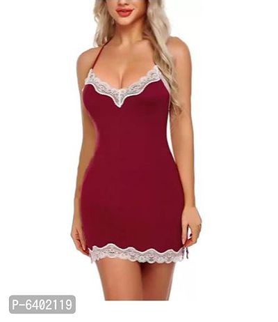New Trendy Stylish Floral Above knee Night Wear Baby Doll Sexy Night dress Maroon Color For Women-thumb0