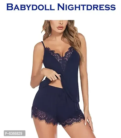 Womens Adorable New Fancy Stylish Baby Doll Dresses Nightwear Night Dress Navy Blue Color