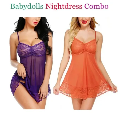 Pack Of 2 Women Attractive Babydoll Dresses Nightwear Sexy Night Dresses