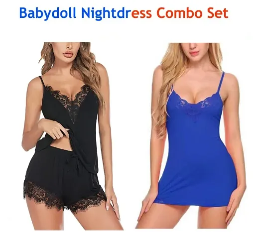 Adorable Women Attractive Baby dolls Dresses Nightwear Sexy Night Dresses Free Size (28 to 36 Inch) Combo