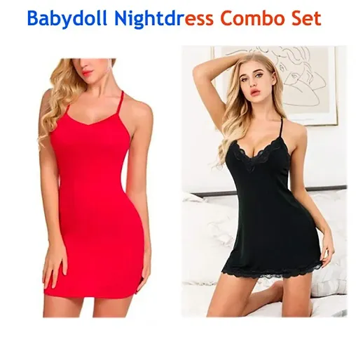 Classic Nylon Solid Night Dresses for Women, Pack of 2