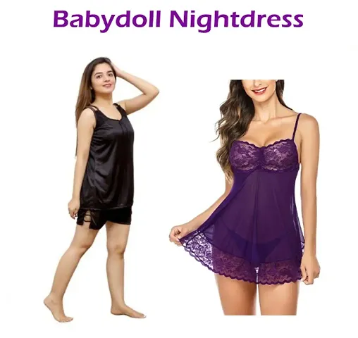 Adorable Women Attractive Baby dolls Dresses Sexy Night Dresses Free Size (28 to 36 Inch) Combo