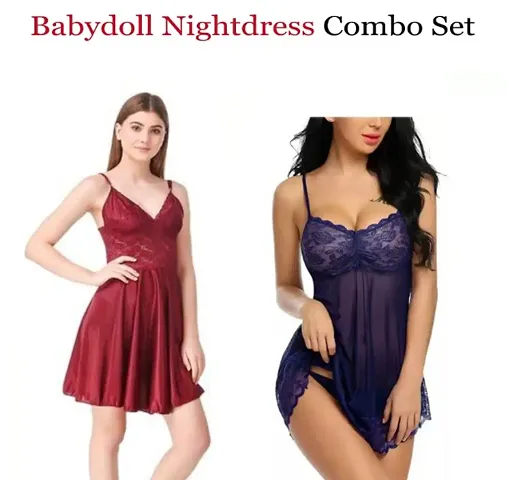 Adorable Women Attractive Baby dolls Dresses Nightwear Sexy Night Dresses Free Size (28 to 36 Inch) Combo