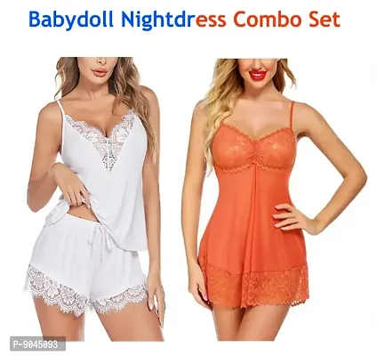 Stylish Hot  Sexy Baby Doll Dresses Nightwear/Night Dresses For Women Free Size (28 to 36 Inch) Combo Set-thumb0