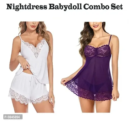 Stylish Hot  Sexy Baby Doll Dresses Nightwear/Night Dresses For Women Free Size (28 to 36 Inch) Combo Set-thumb0