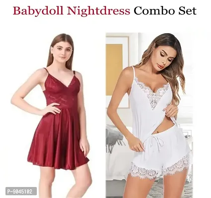 Fancy Satin Babydolls Nightdress For Women Pack of 2-thumb0