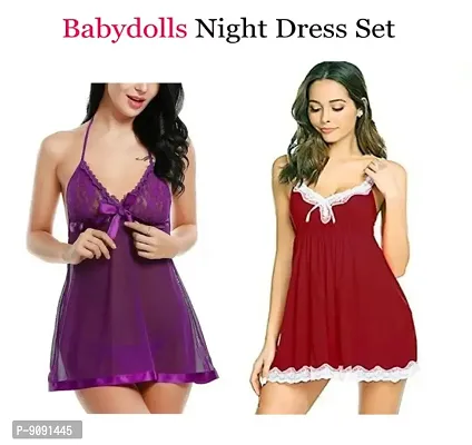 Attractive Baby dolls Sexy Night Dresses For Womens Free Size (28 to 36 Inch) Combo Set-thumb0