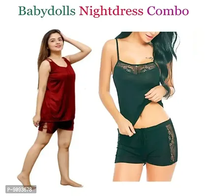 Women Attractive Solid Baby dolls Hot  Sexy Night Dresses Free Size (28 to 36 Inch) Combo Set-thumb0