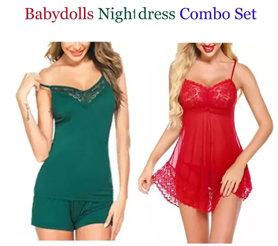 Adorable Women Attractive Baby dolls Dresses Nightwear Sexy Night Dresses Free Size (28 to 36 Inch) Combo