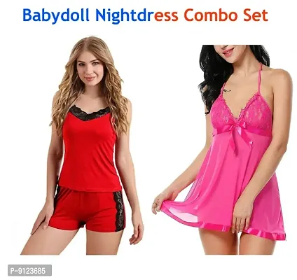 Adorable Attractive New Baby dolls Sexy Night Dresses Free Size For Womens (28 to 34 Inch) Combo Set