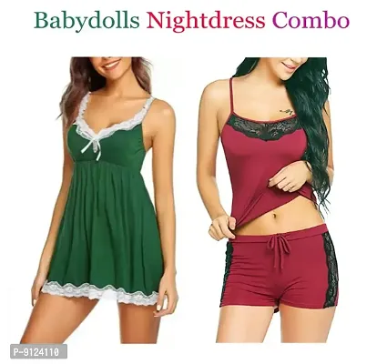 Adorable Women Attractive Hot Baby dolls Nightwear Sexy Night Dresses Free Size (28 to 36 Inch) Combo Set