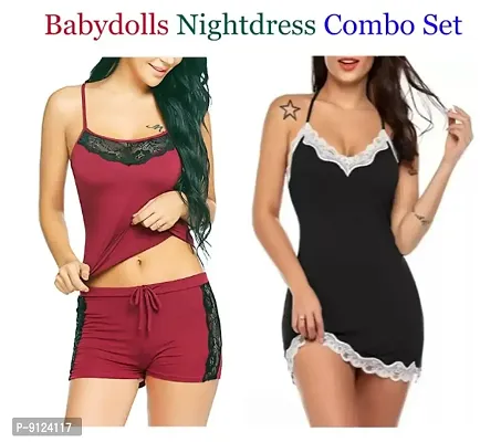 Adorable Women Attractive Hot Baby dolls Nightwear Sexy Night Dresses Free Size (28 to 36 Inch) Combo Set-thumb0