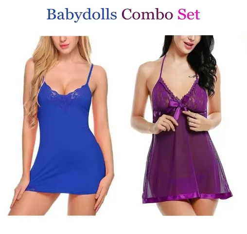 Adorable Women Attractive Baby dolls Dresses Nightwear Sexy Night Dresses Free Size (26 to 34 Inch) Combo