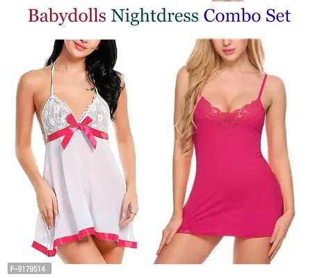 Adorable Women Attractive Baby dolls Dresses Nightwear Free Size (28 to 36 Inch) Combo Set-thumb0