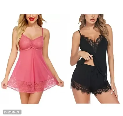 Women Attractive Solid Baby dolls Nightwear Sexy Night Dresses Free Size (28 to 36 Inch) Combo Set