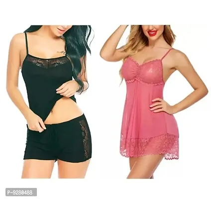 Women Attractive Solid Baby dolls Nightwear Sexy Night Dresses Free Size (28 to 36 Inch) Combo Set