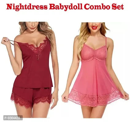 Adorable Women Hot Baby dolls Dresses Nightwear Sexy Night Dresses Free Size (28 to 36 Inch) Combo