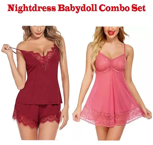 Adorable Women Attractive Baby dolls Dresses Nightwear Sexy Night Dresses Free Size (28 to 36 Inch) Combo