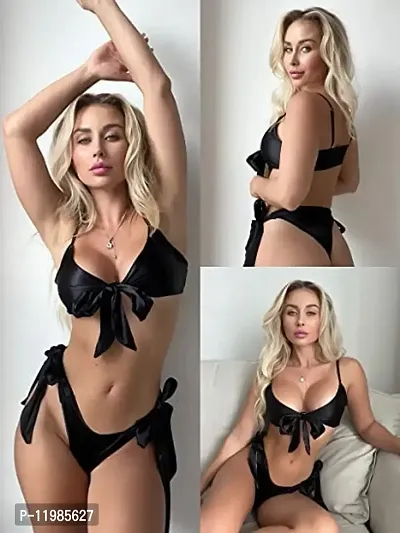 Women Hot  Sexy Lingerie Set Soft Satin fabric Lace Nightwear Bow Tie Bra and Panty Sets Free Size Black Color