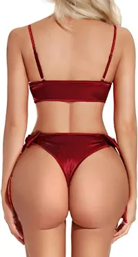 Women Hot  Sexy Lingerie Set Soft Satin fabric Lace Nightwear Bow Tie Bra and Panty Sets Free Size Maroon Color-thumb2