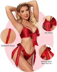 Women Hot  Sexy Lingerie Set Soft Satin fabric Lace Nightwear Bow Tie Bra and Panty Sets Free Size Maroon Color-thumb1