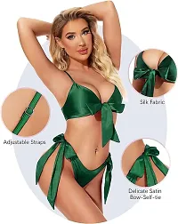 Women Hot  Sexy Lingerie Set Soft Satin fabric Lace Nightwear Bow Tie Bra and Panty Sets Free Size Green Color-thumb2