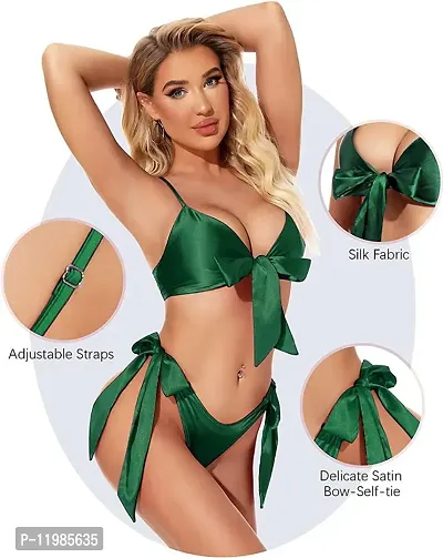 Women Hot  Sexy Lingerie Set Soft Satin fabric Lace Nightwear Bow Tie Bra and Panty Sets Free Size Green Color-thumb3