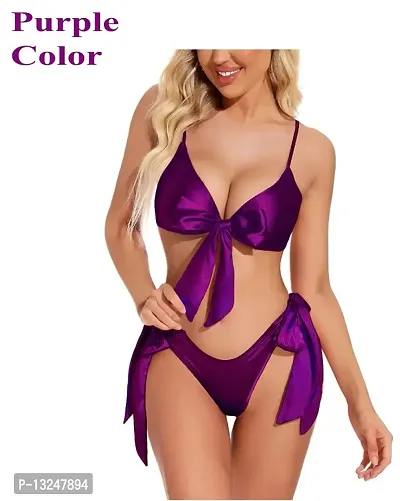 Women Hot  Sexy Lingerie Set Soft Satin fabric Lace Nightwear Bow Tie Bra and Panty Sets Free Size Purple Color