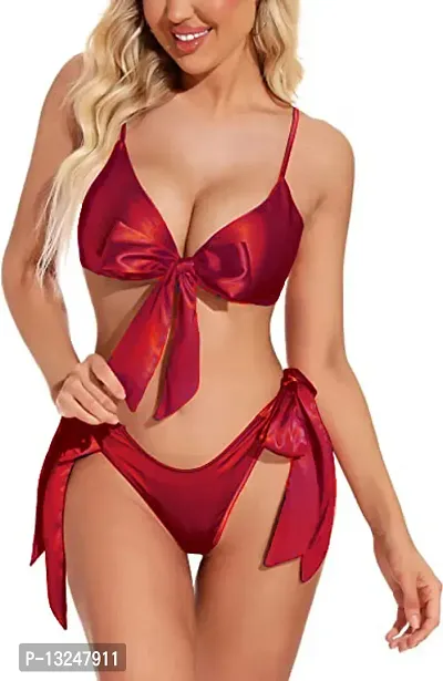 Women Hot  Sexy Lingerie Set Soft Satin fabric Lace Nightwear Bow Tie Bra and Panty Sets Free Size Maroon Color