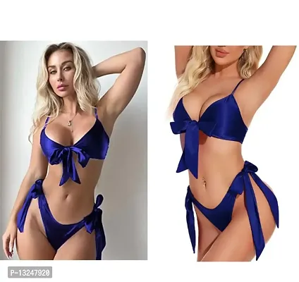 Women Hot  Sexy Lingerie Set Soft Satin fabric Lace Nightwear Bow Tie Bra and Panty Sets Free Size Navy Color