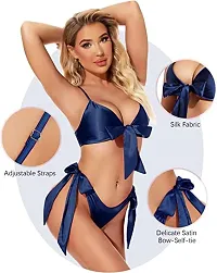 Women Hot  Sexy Lingerie Set Soft Satin fabric Lace Nightwear Bow Tie Bra and Panty Sets Free Size Navy Color-thumb1