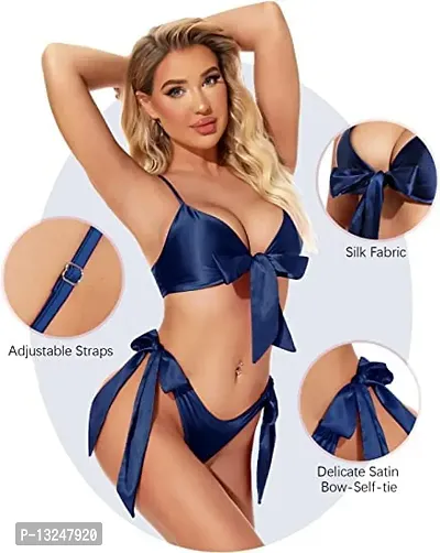 Women Hot  Sexy Lingerie Set Soft Satin fabric Lace Nightwear Bow Tie Bra and Panty Sets Free Size Navy Color-thumb2