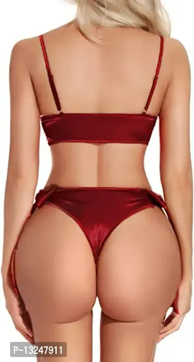 Women Hot  Sexy Lingerie Set Soft Satin fabric Lace Nightwear Bow Tie Bra and Panty Sets Free Size Maroon Color-thumb3
