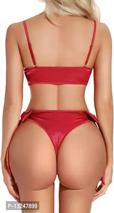Women Hot  Sexy Lingerie Set Soft Satin fabric Lace Nightwear Bow Tie Bra and Panty Sets Free Size Red Color-thumb2