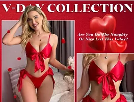 Women Hot  Sexy Lingerie Set Soft Satin fabric Lace Nightwear Bow Tie Bra and Panty Sets Free Size Red Color-thumb3