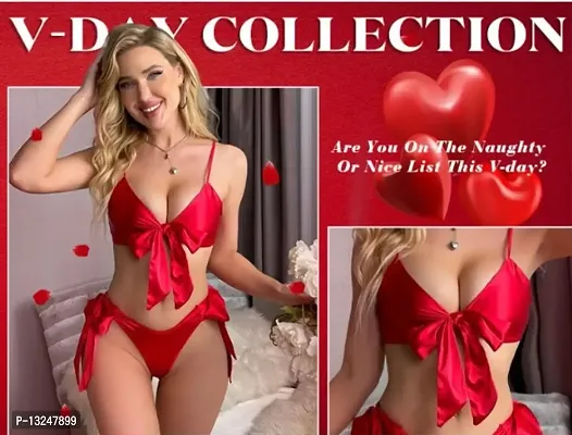 Women Hot  Sexy Lingerie Set Soft Satin fabric Lace Nightwear Bow Tie Bra and Panty Sets Free Size Red Color-thumb4