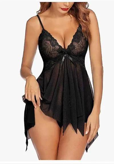 BELLEVINO Floral Embroidery lace Above Knee Baby Doll with Panty (Free Size)