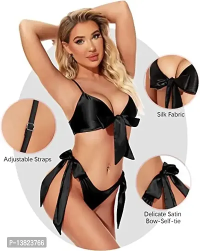 Women Sexy Lingerie Set Soft Satin fabric Lace Nightwear Bow Tie Bra and Panty Sets Free Size Black Color