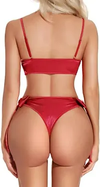 Women Sexy Lingerie Set Soft Satin fabric Lace Nightwear Bow Tie Bra and Panty Sets Free Size Red Color-thumb1