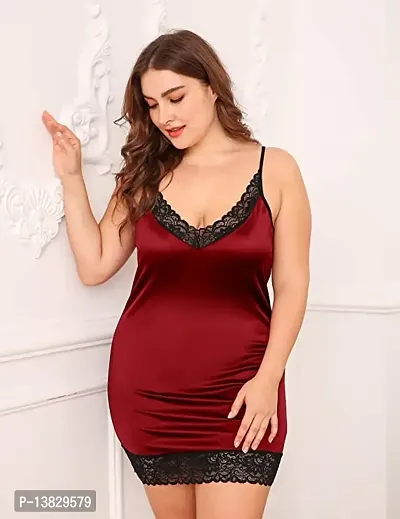 Womens  Girls Free Size Full Satin Slip Sexy Deep V -Neck Lace Chemise Nightie Adjustable Spaghetti Strap Stretchy Lingerie Nightdress Maroon Color-thumb0