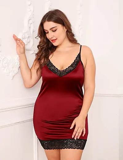 Womens  Girls Free Size Full Satin Slip Sexy Deep V -Neck Lace Chemise Nightie Adjustable Spaghetti Strap Stretchy Lingerie Nightdress Maroon Color