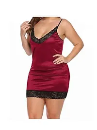 Womens  Girls Free Size Full Satin Slip Sexy Deep V -Neck Lace Chemise Nightie Adjustable Spaghetti Strap Stretchy Lingerie Nightdress Maroon Color-thumb3