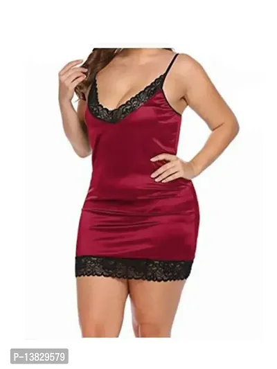 Womens  Girls Free Size Full Satin Slip Sexy Deep V -Neck Lace Chemise Nightie Adjustable Spaghetti Strap Stretchy Lingerie Nightdress Maroon Color-thumb4