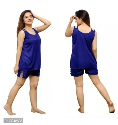 Womens  Girls Soft  Smooth Satin Fabric Nightwear Nightdress Night Suit Top  Shorts Set Free Size (28 to 34 Inch) Navy Blue